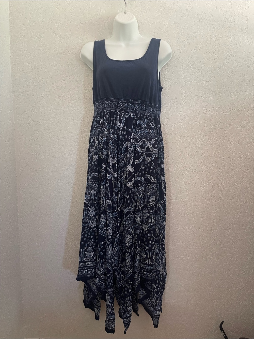 Bila Navy Printed Hankercheif Dress with Smocked Waistband